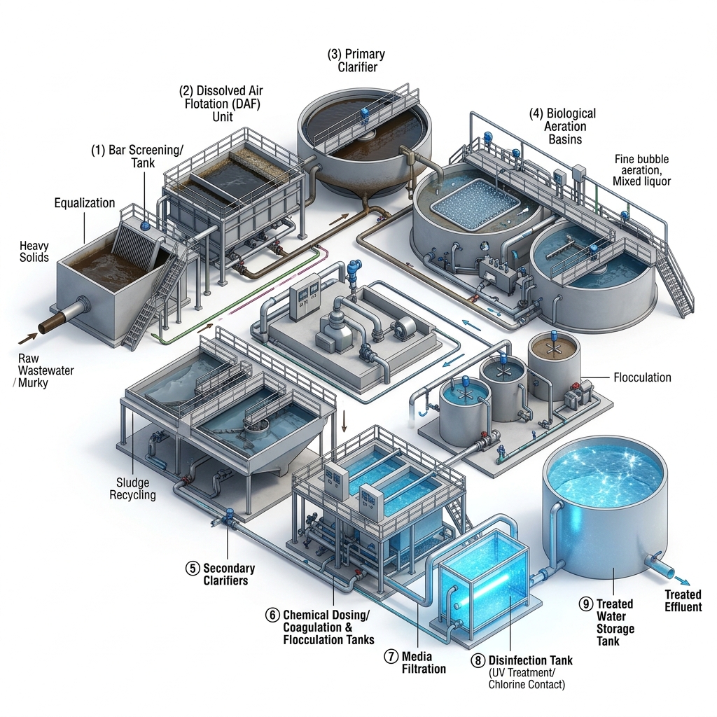 Schéma 3D du processus de traitement des eaux usées industrielles (STEP)